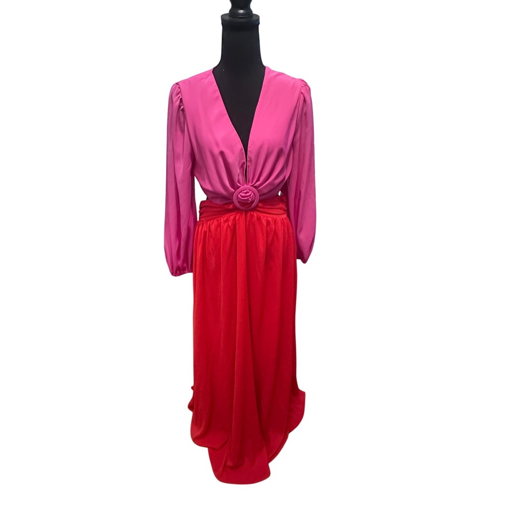 Entro Pink Red Colorblock Maxi Dress Rose Ring Back Cutout Puff Sleeve Large NWT